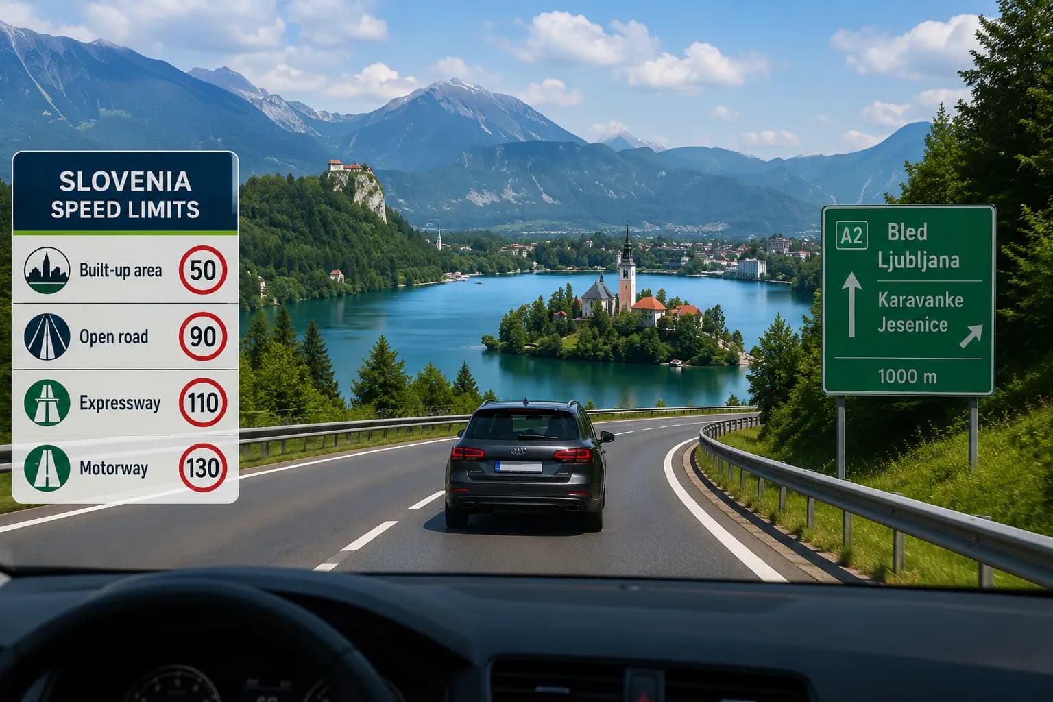 Foreign driver on a scenic Slovenian road trip toward Lake Bled, with Alpine mountains, motorway signs, and a speed limits panel showing 50, 90, 110, and 130 km/h limits.