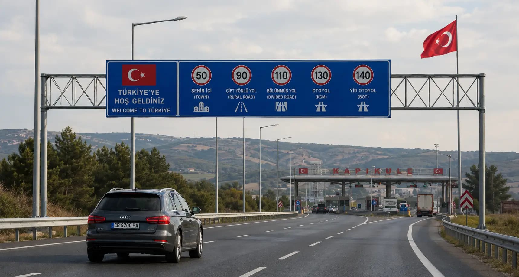 Highway entrance to Turkey with an overhead blue road sign showing Turkish speed limits for towns, rural roads, divided roads, motorways, and private motorways, with a Turkish flag in the background.