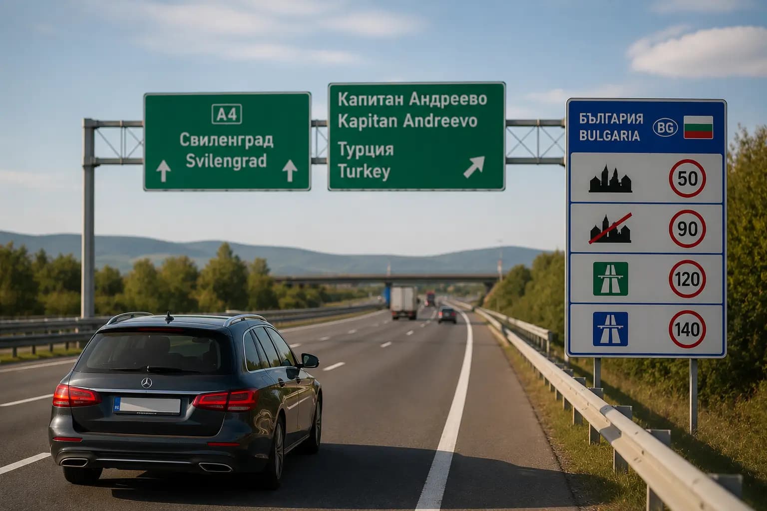 Foreign driver on Bulgaria’s A4 motorway toward Turkey, passing signs for Svilengrad, Kapitan Andreevo and the Turkish border, with Bulgarian speed limits displayed.