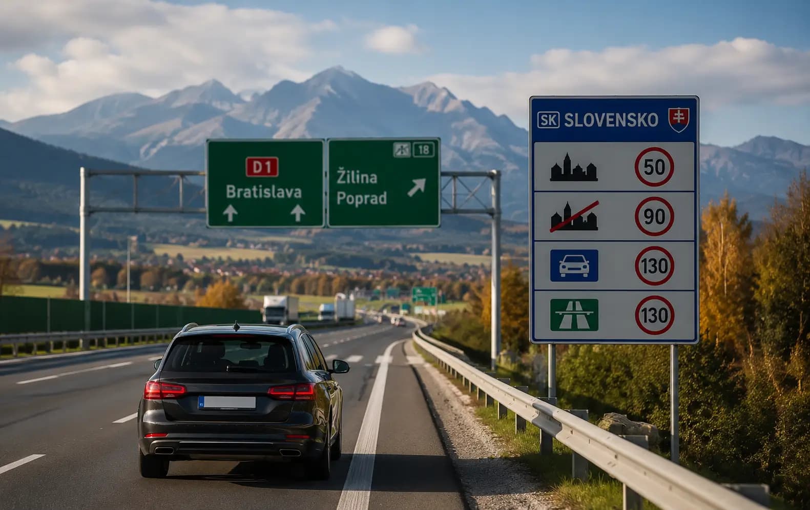 Foreign driver on Slovakia’s D1 motorway near the Tatras, passing road signs for Bratislava, Žilina and Poprad with Slovak speed limits displayed.
