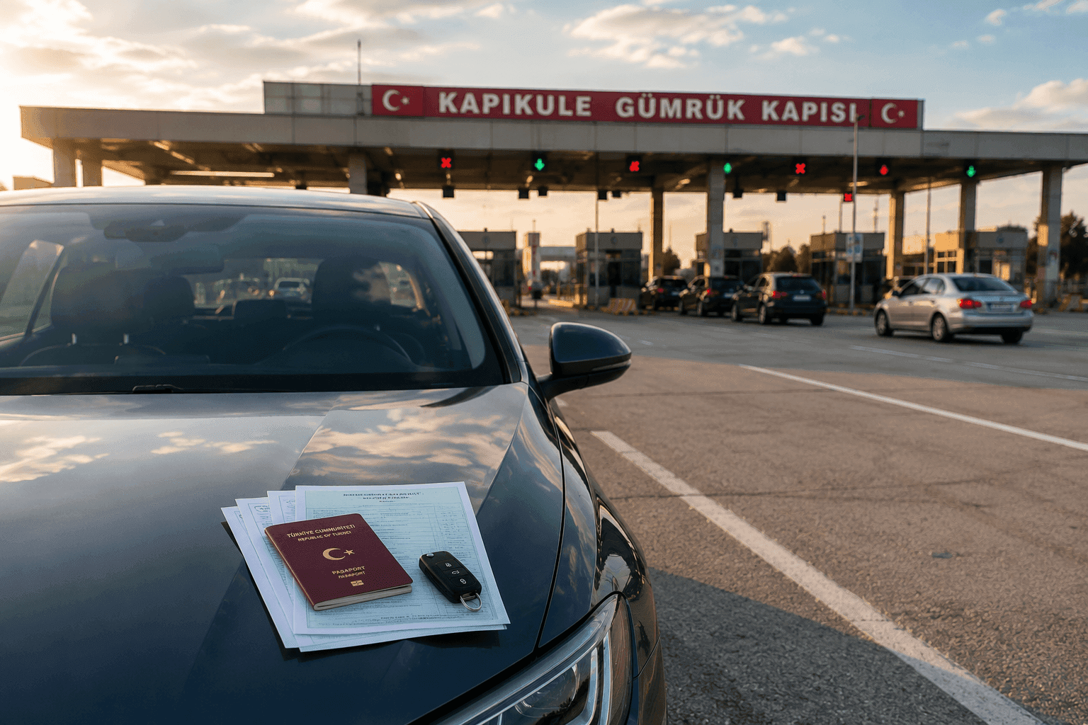 Yeşil kart sigortası, pasaport ve araç belgeleri kaput üzerinde hazır duran bir aracın Kapıkule Gümrük Kapısı’nda sınır geçişi öncesi beklediği sahne.