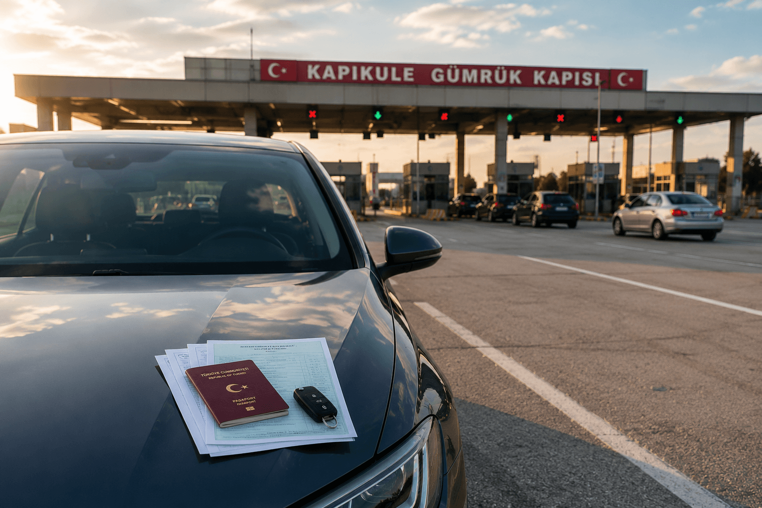 Yeşil kart sigortası, pasaport ve araç belgeleri kaput üzerinde hazır duran bir aracın Kapıkule Gümrük Kapısı’nda sınır geçişi öncesi beklediği sahne.