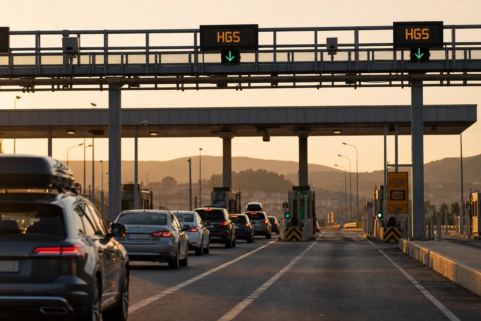 Bayram trafiğinde otoyol gişesinden akan araçlar ve üstte HGS yazan elektronik geçiş portalı.
