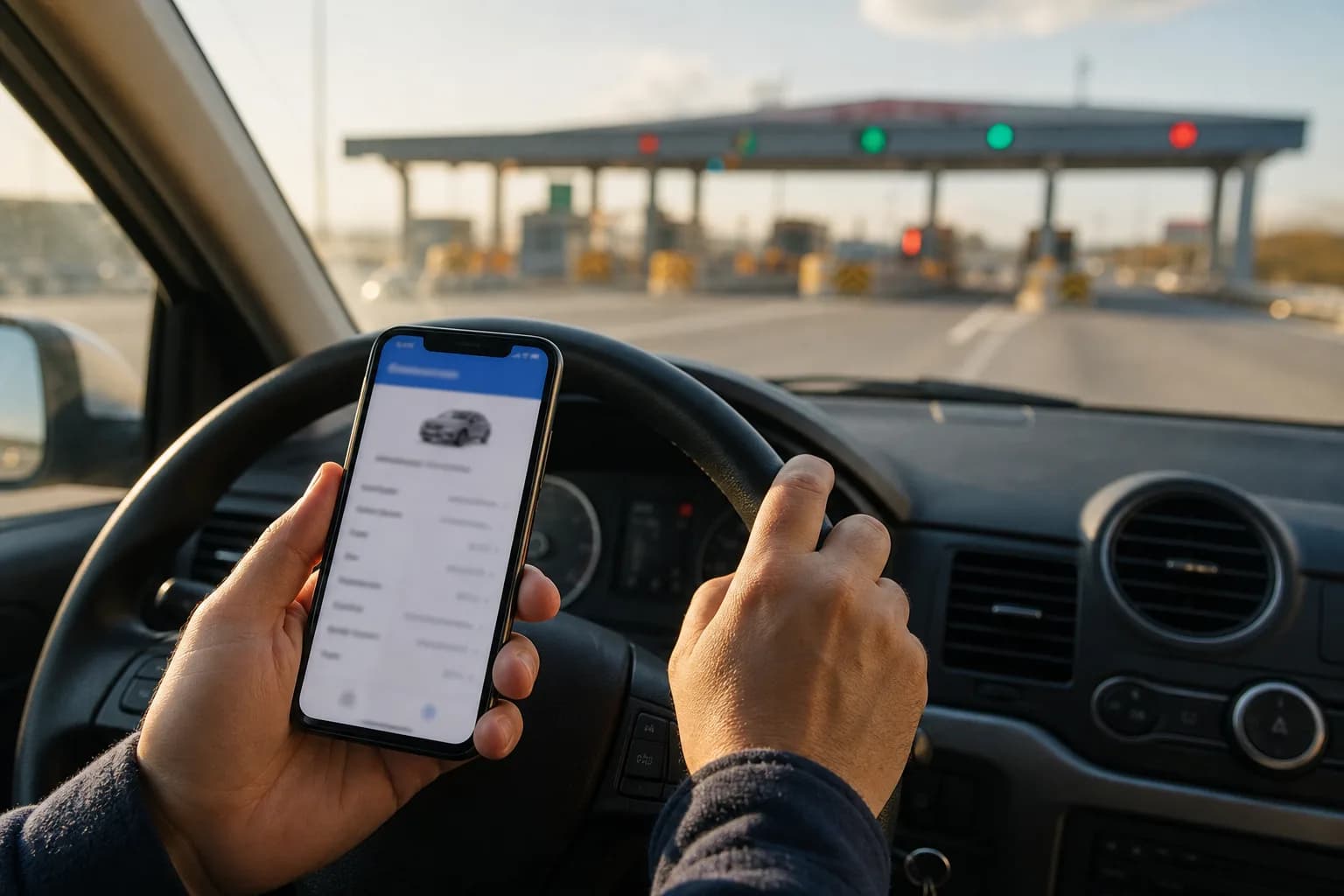 Sürücü direksiyon başında telefonundan araç hesabını sorguluyor; ön camdan otoyol gişesi görünüyor.