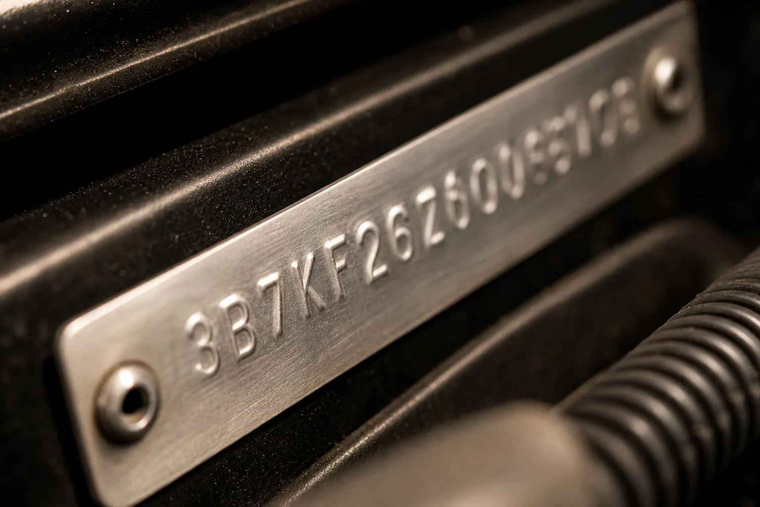 Nahaufnahme einer eingeschlagenen Fahrgestellnummer auf einem Metallschild im Motorraum eines Autos.