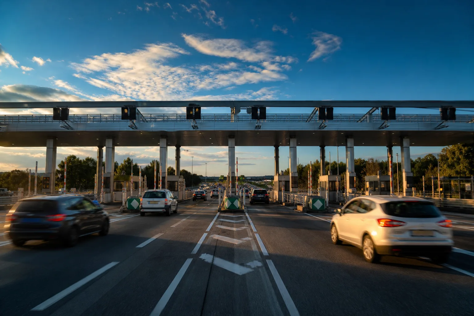 Mautstelle auf einer französischen Autobahn mit Überdachung und mehreren Spuren im warmen Abendlicht.