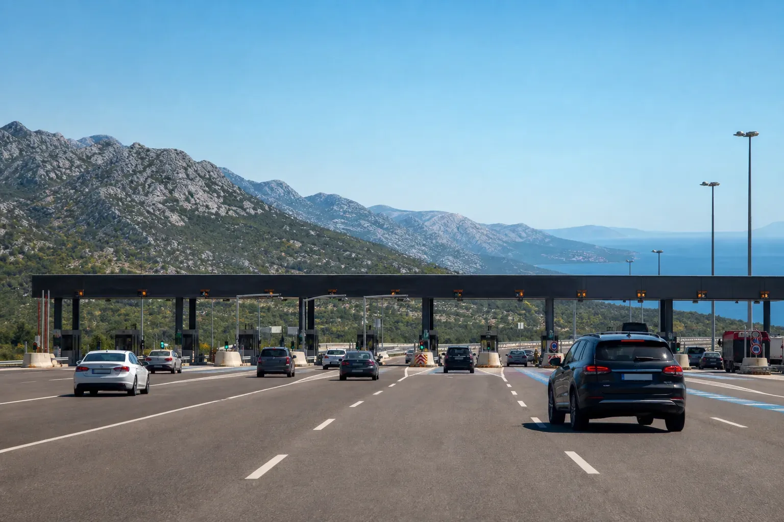 Kroatische Mautstelle auf der Autobahn vor den Bergen und der blauen Adriaküste.