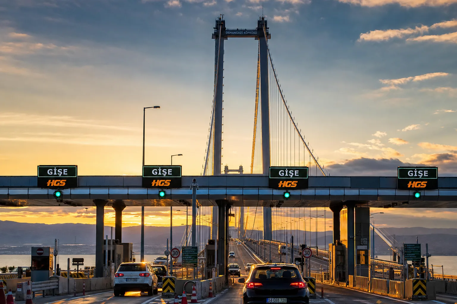 Die HGS-Mautstation vor der Osmangazi-Brücke bei Sonnenuntergang – hier zeigt sich, was die Maut in der Türkei kostet.