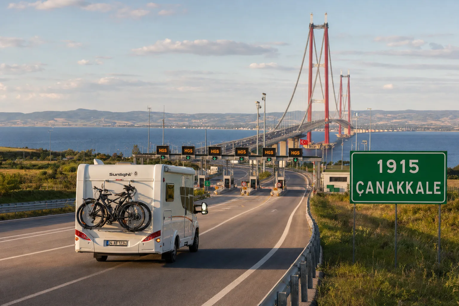Ein Wohnmobil fährt auf die 1915-Çanakkale-Brücke zu, deren HGS-Mautspuren die Türkei-Maut für das Wohnmobil elektronisch abrechnen.