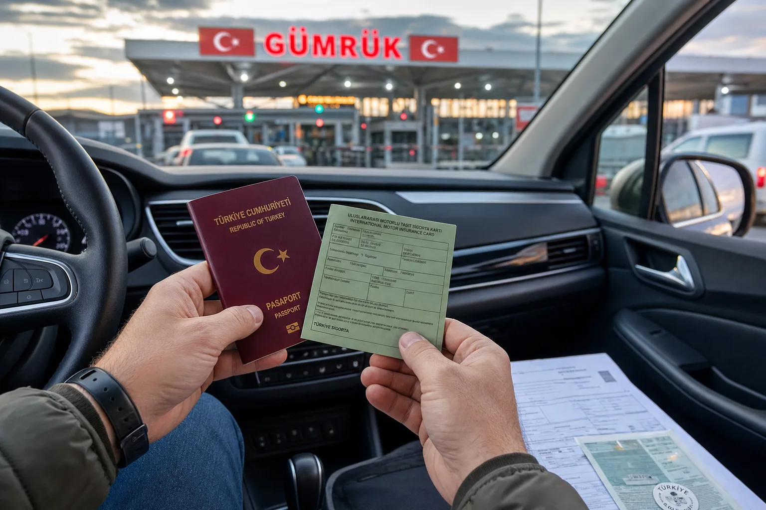 Hände halten Reisepass und Grüne Versicherungskarte an einem türkischen Grenzübergang – die wichtigsten Papiere fürs Auto in die Türkei.