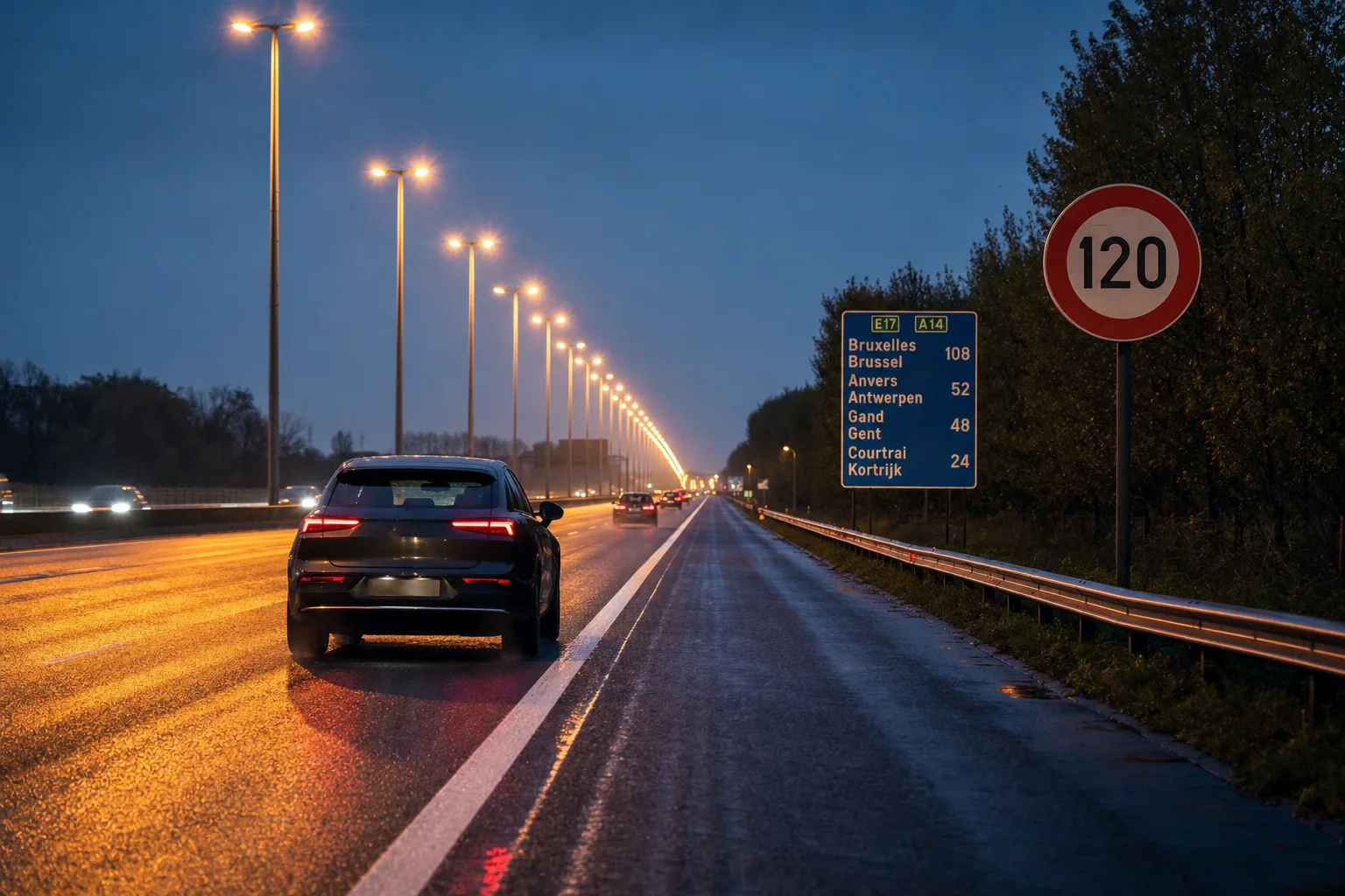 Belgische Autobahn in der Dämmerung unter der typischen durchgehenden Beleuchtung mit einem 120er-Schild – das Tempolimit in Belgien.
