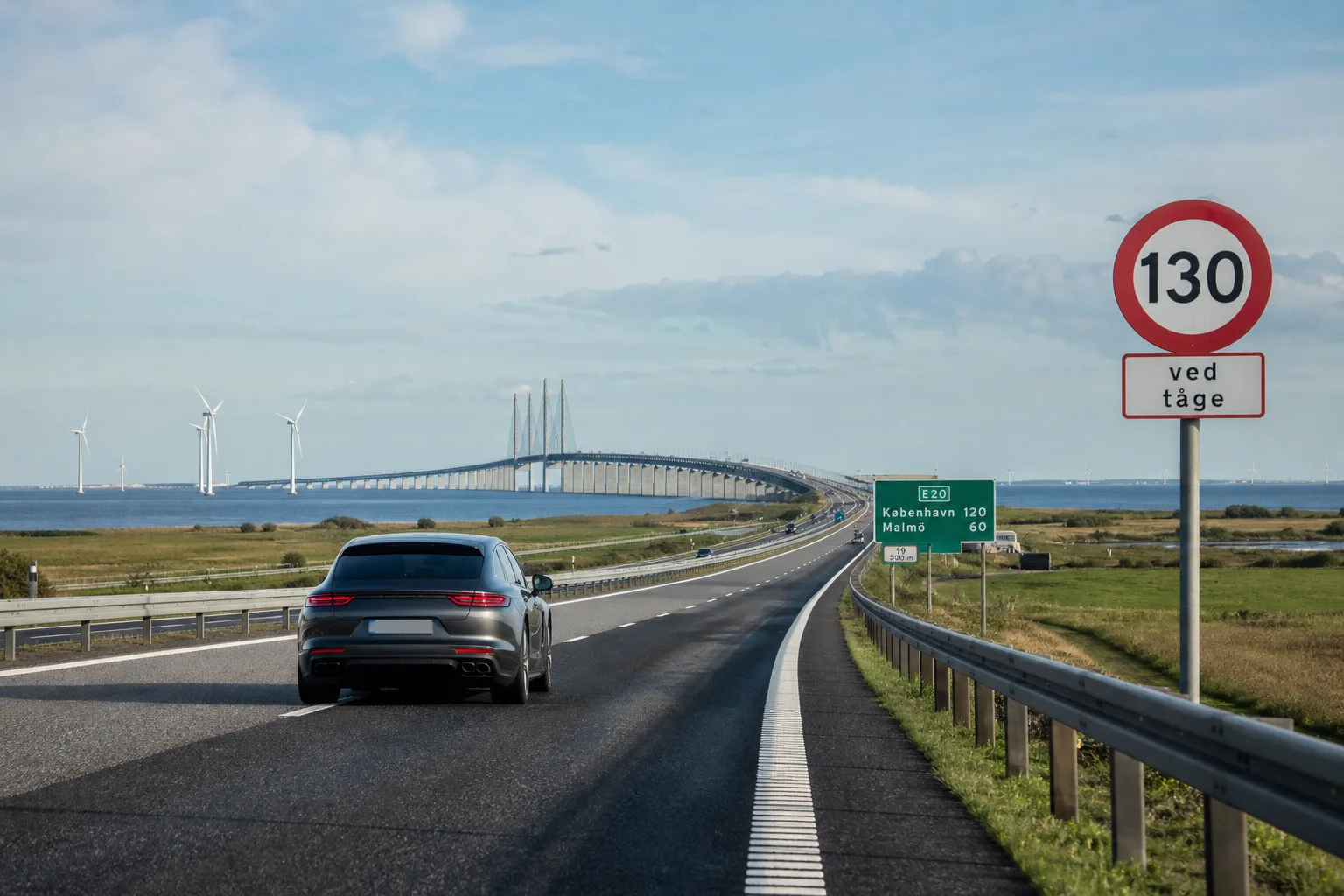 Dänische Autobahn durch flache Küstenlandschaft auf eine große Brücke zu, mit einem 130er-Schild – das Tempolimit in Dänemark im nordischen Licht.