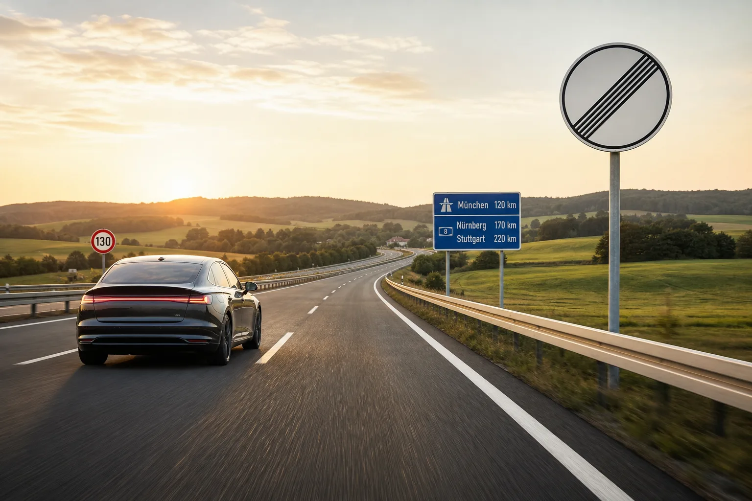 Moderner Wagen auf einer freien deutschen Autobahn im Abendlicht, daneben das runde Schild zum Ende aller Tempolimits – Sinnbild für das Tempolimit in Deutschland.