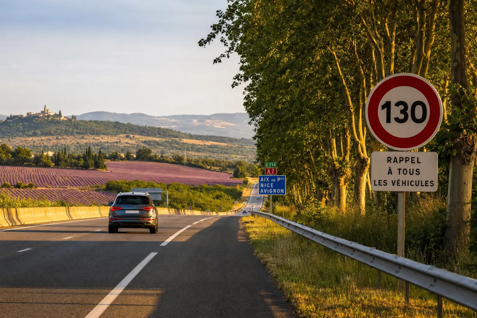 Französische Autoroute zwischen Platanen und Lavendelfeldern mit einem 130er-Schild – das Tempolimit in Frankreich im goldenen Licht.