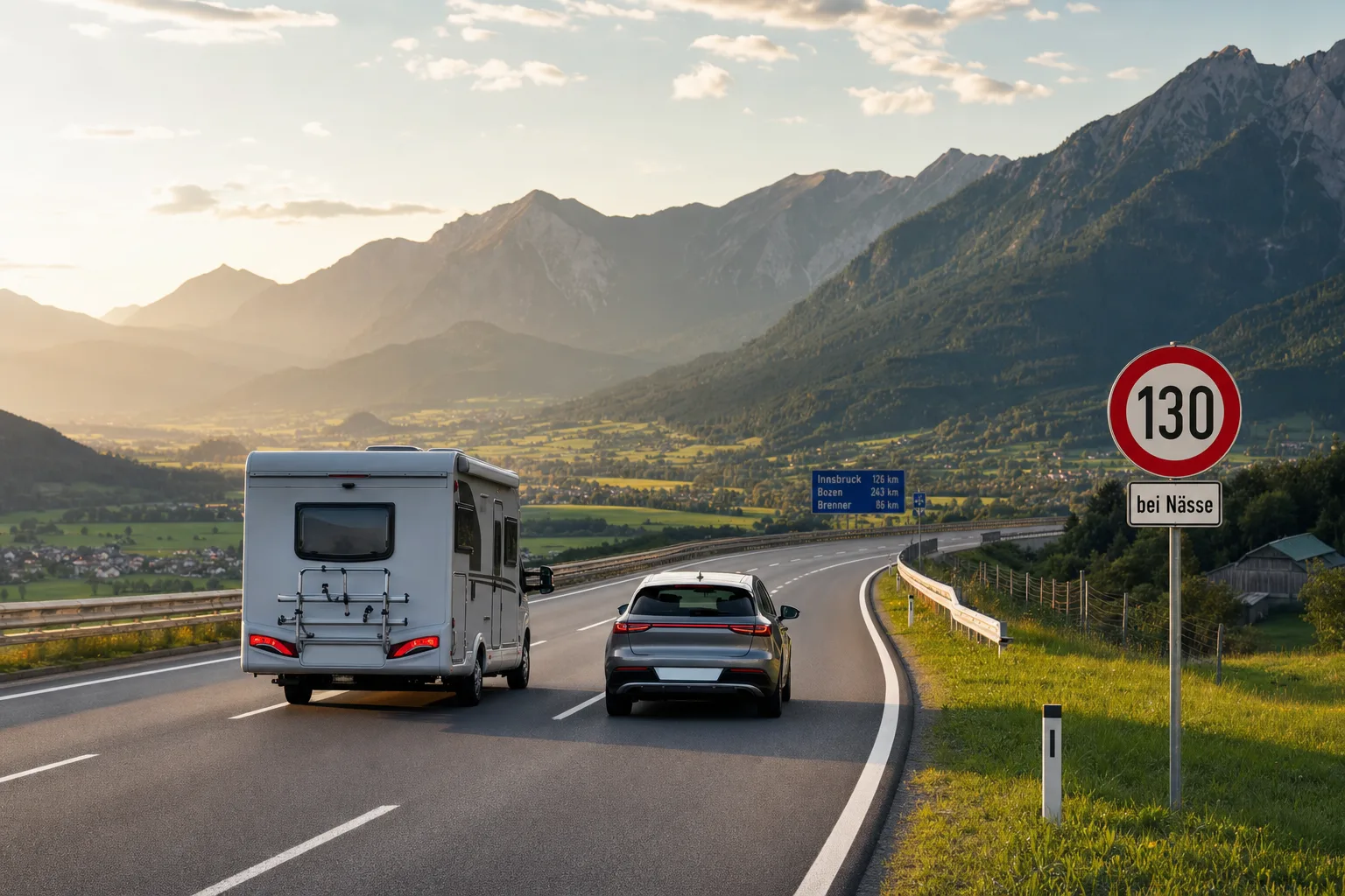 Wohnmobil und Auto auf einer landschaftlichen europäischen Alpenautobahn mit einem 130er-Schild am Straßenrand – das Tempolimit in Europa für alle Fahrzeugklassen.