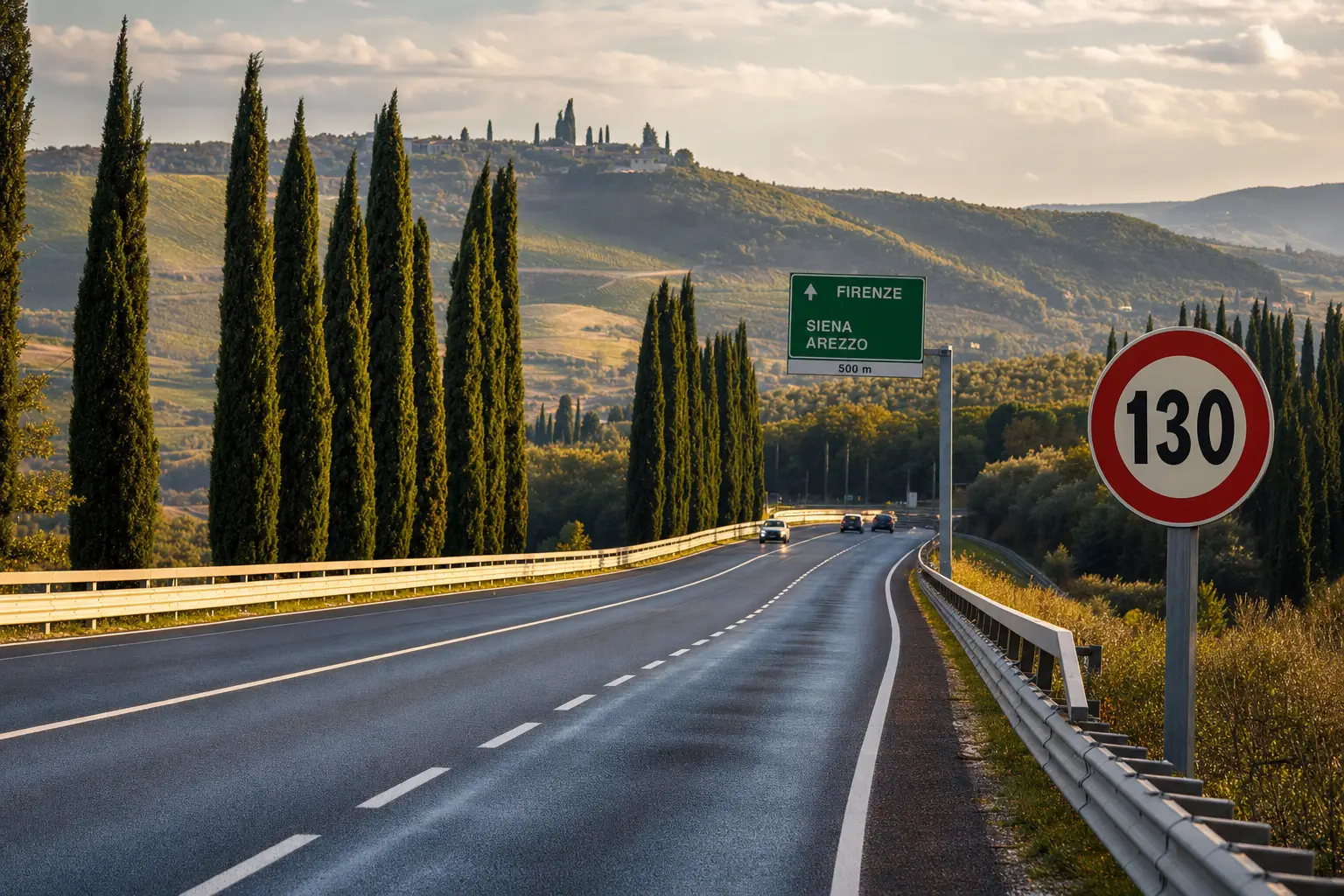 Italienische Autostrada durch die toskanischen Hügel mit einem 130er-Schild und feuchtem Asphalt – das Tempolimit in Italien und die Regen-Regel.