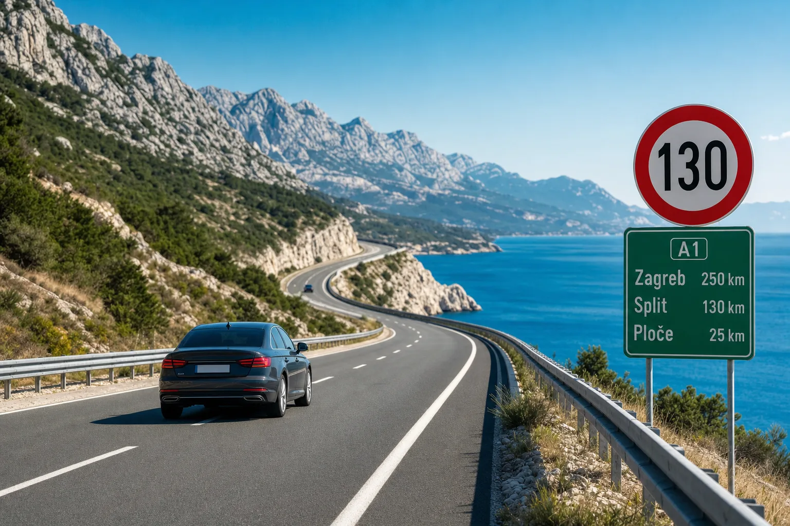 Die kroatische Küstenautobahn A1 zwischen Velebit-Gebirge und türkiser Adria mit einem 130er-Schild – das Tempolimit in Kroatien im Sommer.