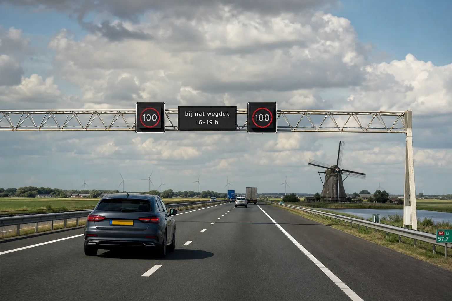 Flache niederländische Autobahn im Polder mit einer Schilderbrücke, die 100 km/h anzeigt – das Tempolimit in den Niederlanden bei Tag.