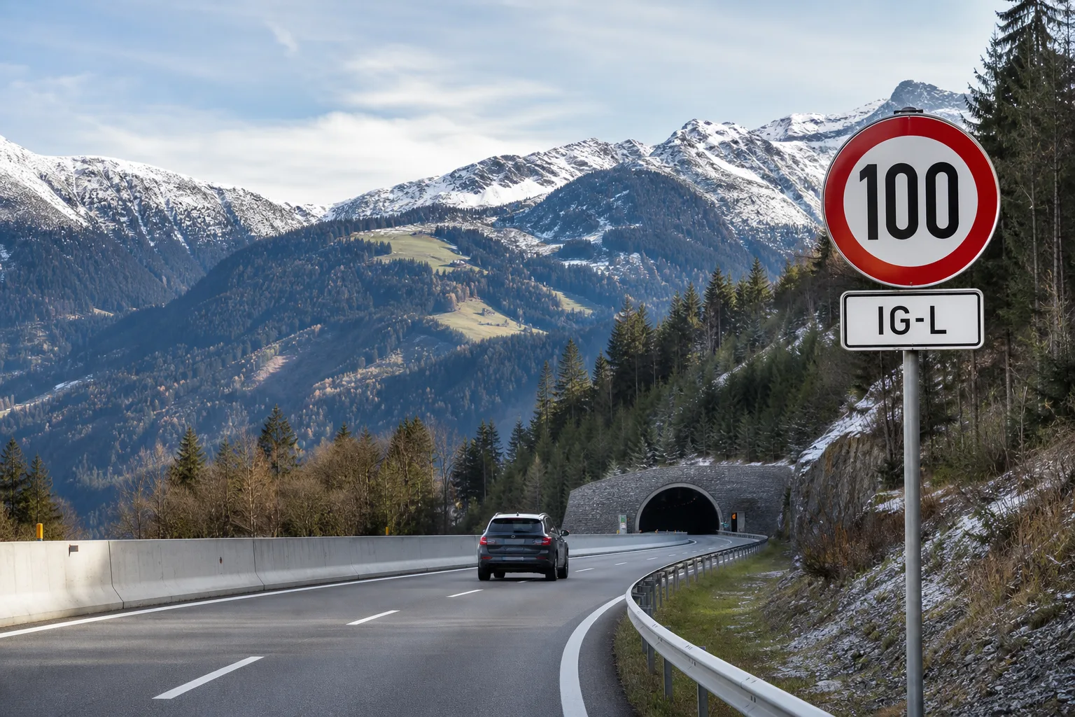 Alpine österreichische Autobahn Richtung Tunnel mit einem 100er-Schild und IG-L-Zusatztafel – das Tempolimit in Österreich vor Tiroler Bergkulisse.