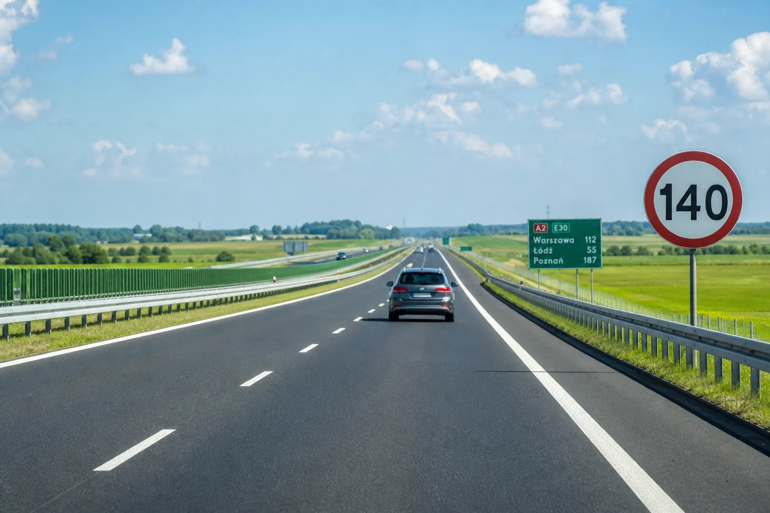 Neue, breite polnische Autobahn schnurgerade durch grüne Ebenen mit einem 140er-Schild – das Tempolimit in Polen, das höchste in Europa.