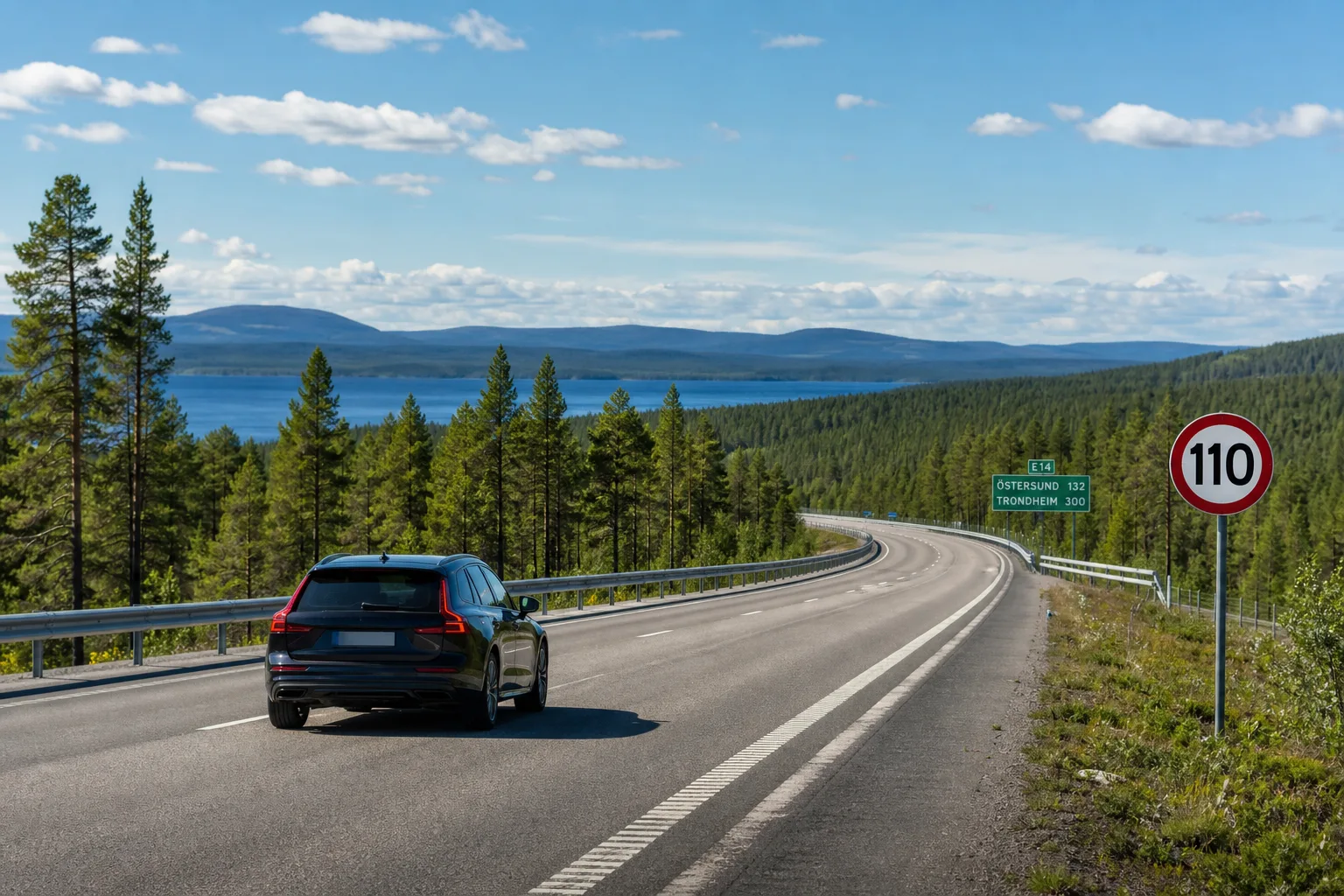 Schwedische Autobahn durch endlosen Kiefernwald mit Blick auf einen See und einem 110er-Schild – das Tempolimit in Schweden.