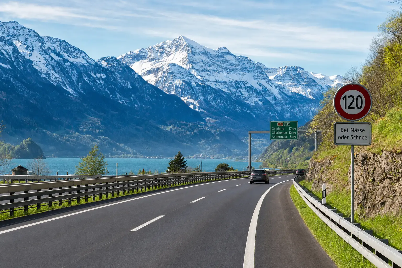 Schweizer Autobahn am See vor dem Gotthardmassiv mit einem 120er-Schild – das Tempolimit in der Schweiz in klarer Alpenluft.