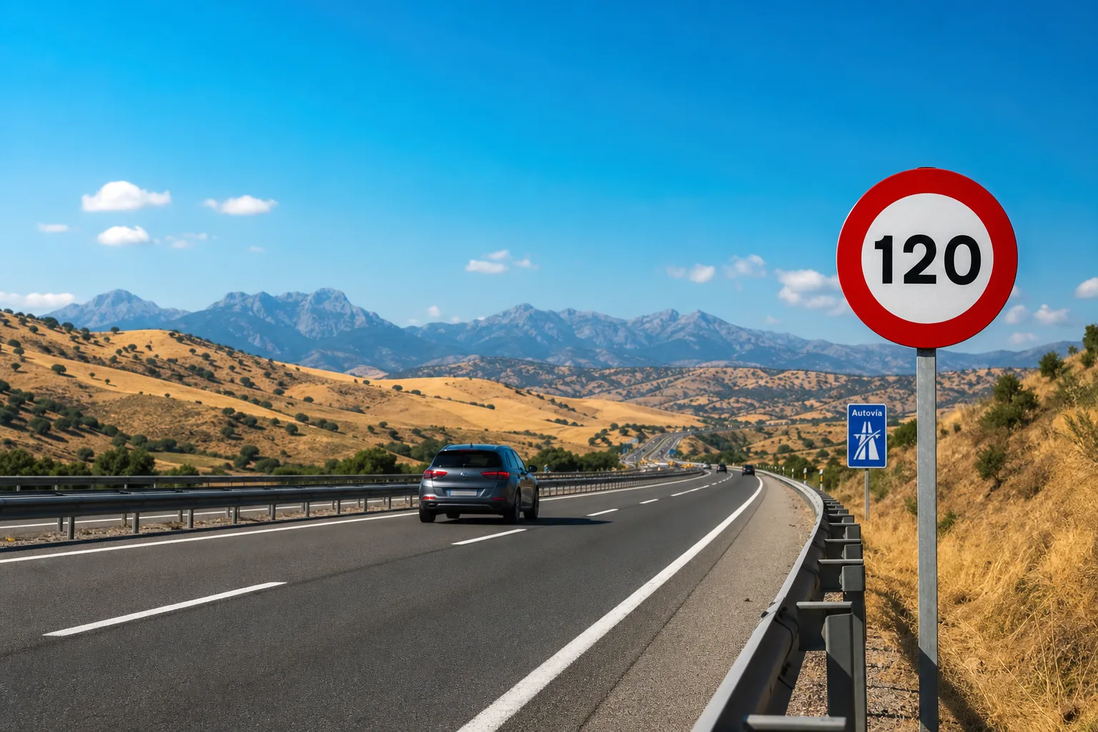 Spanische Autopista durch goldene Hügel mit einem 120er-Schild im hellen Mittelmeerlicht – das Tempolimit in Spanien.