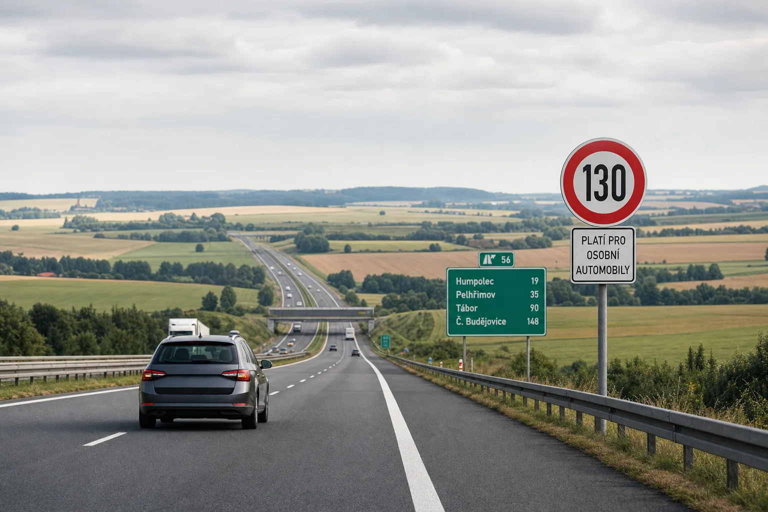 Tschechische Autobahn D1 durch sanfte böhmische Felder mit einem 130er-Schild – das Tempolimit in Tschechien unter weitem Himmel.
