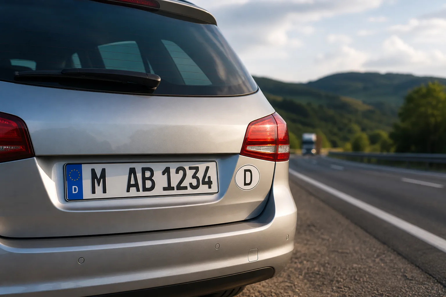 Heckansicht eines silbernen Kombis am Autobahnrand: Das Euro-Kennzeichen trägt das Länderkennzeichen D im blauen EU-Feld, daneben klebt das ovale D-Schild.