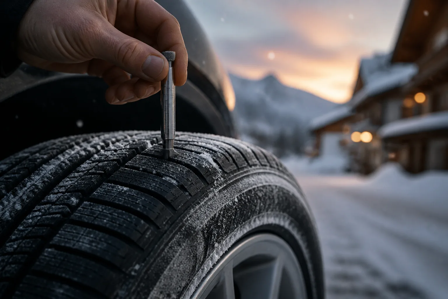 Eine Hand misst mit einem Profiltiefenmesser die Profiltiefe eines Winterreifens auf einer verschneiten Straße in einem Alpendorf.