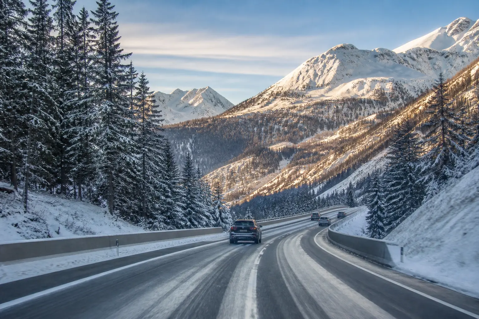 Autos auf einer winterlichen Alpenautobahn zwischen verschneiten Tannen und schneebedeckten Bergen im Morgenlicht.