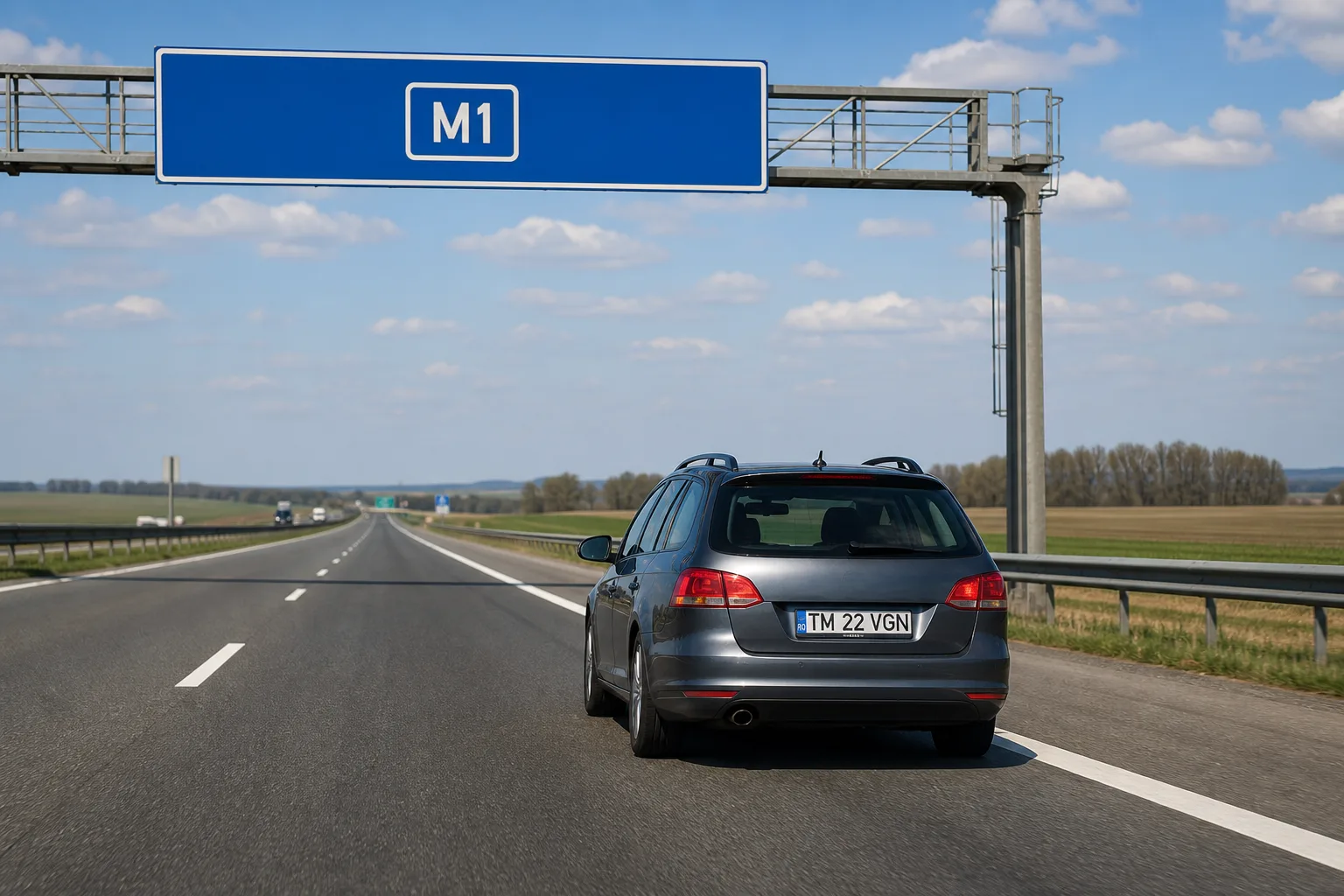 Autostrada M1 din Ungaria, cu o mașină cu numere românești trecând pe sub indicatorul albastru.