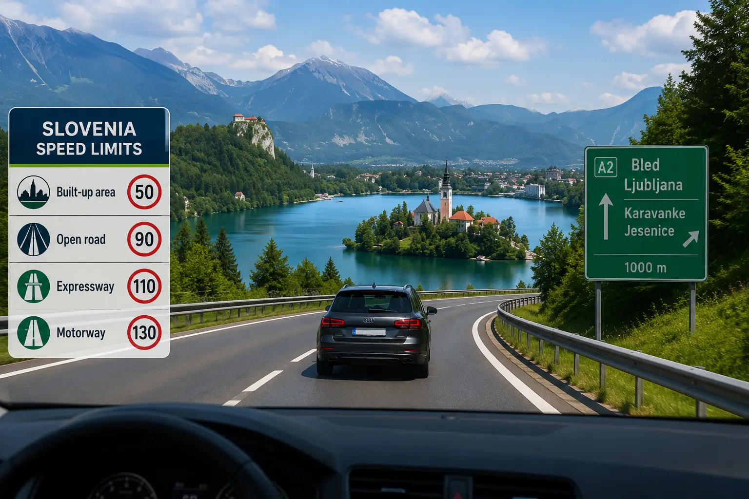 Foreign driver on a scenic Slovenian road trip toward Lake Bled, with Alpine mountains, motorway signs, and a speed limits panel showing 50, 90, 110, and 130 km/h limits.