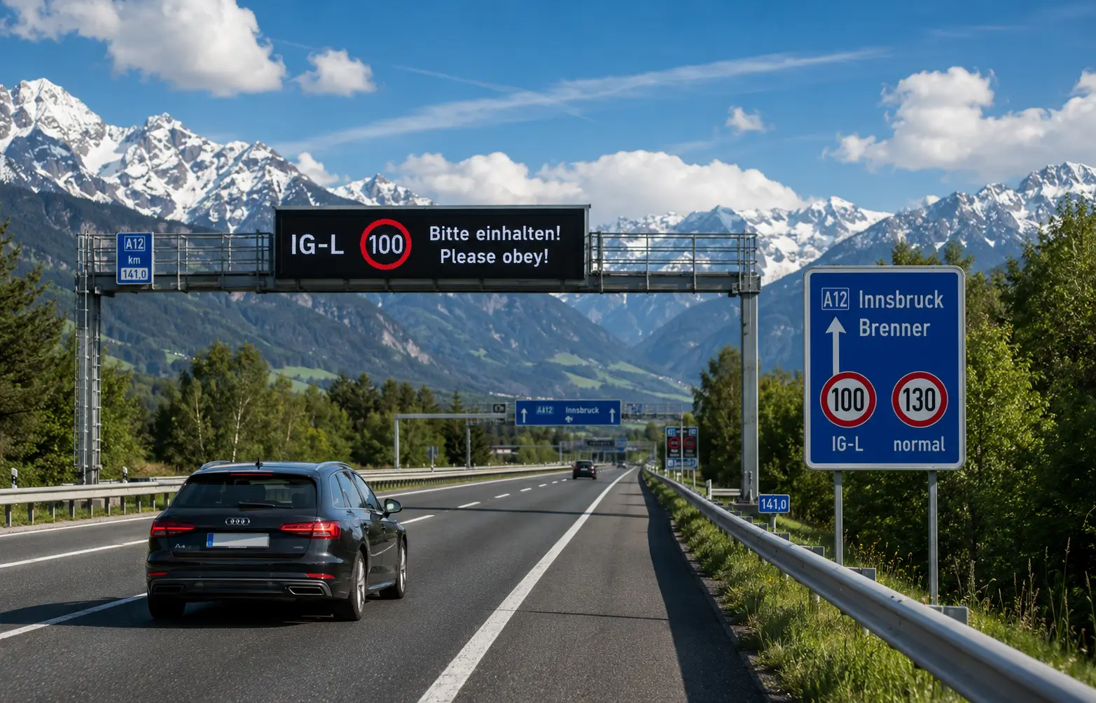 Austrian motorway through the Alps with an IG-L 100 km/h variable speed sign, showing the lower air-quality speed limit for drivers heading toward Innsbruck and Brenner.