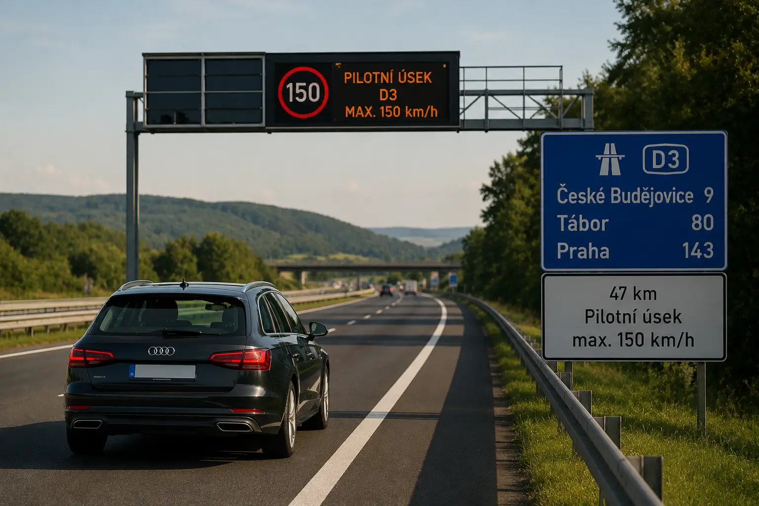 Foreign driver on the Czech D3 motorway passing a variable speed sign showing the 150 km/h pilot zone near České Budějovice, Tábor and Prague.