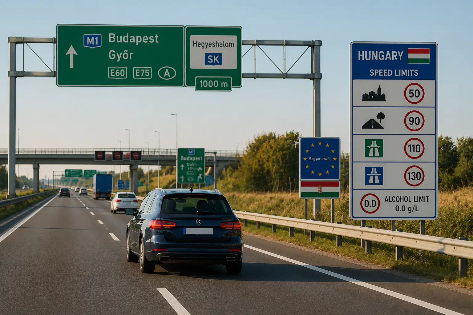 Foreign driver entering Hungary on the M1 motorway from Austria, with road signs for Budapest and Győr and a speed limits board showing Hungary’s 50, 90, 110, and 130 km/h limits.