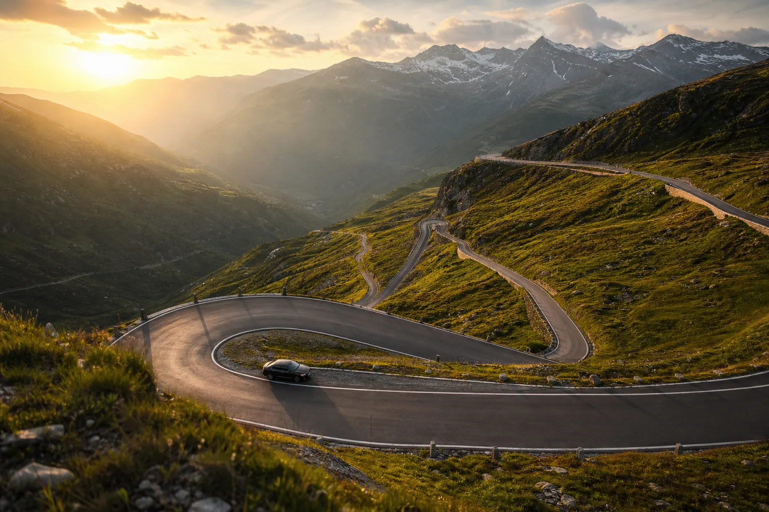 A hairpin mountain pass at golden hour with a single car mid-bend, the kind of road the best road trips in Europe are made of.