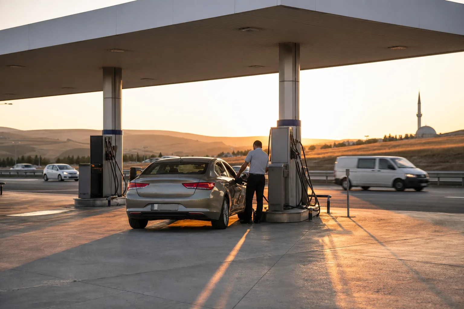 A car refuelling at a Turkish motorway service station at sunset, with traffic passing and a minaret on the horizon.