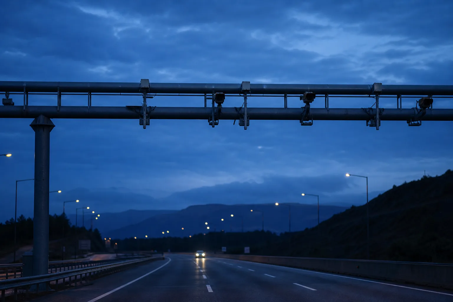 An electronic toll gantry over an empty Turkish motorway at blue hour, with camera housings on the overhead beam.