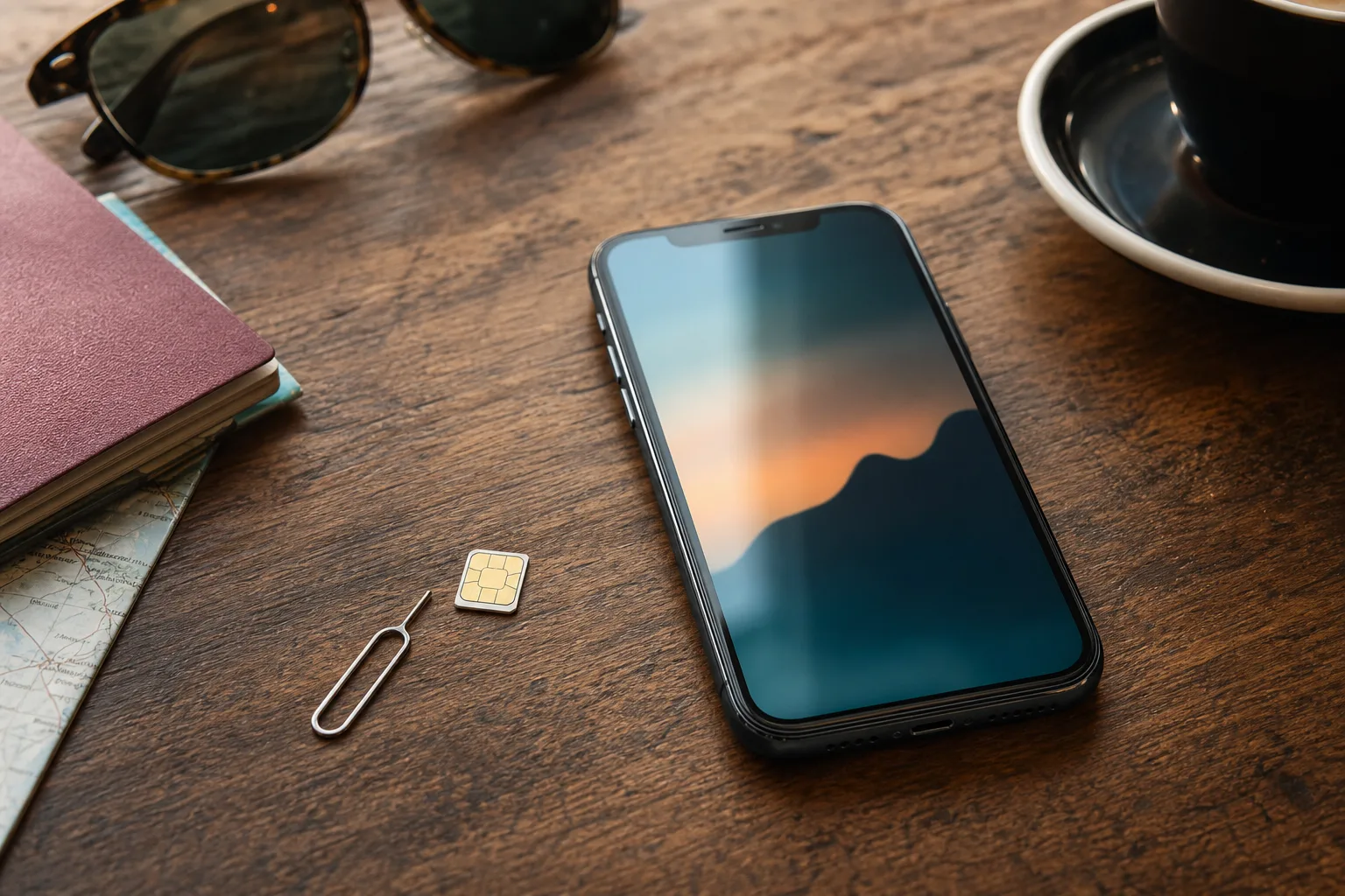A phone beside a physical SIM card and ejector pin on a cafe table, illustrating the eSIM vs physical SIM choice travellers make before a trip.