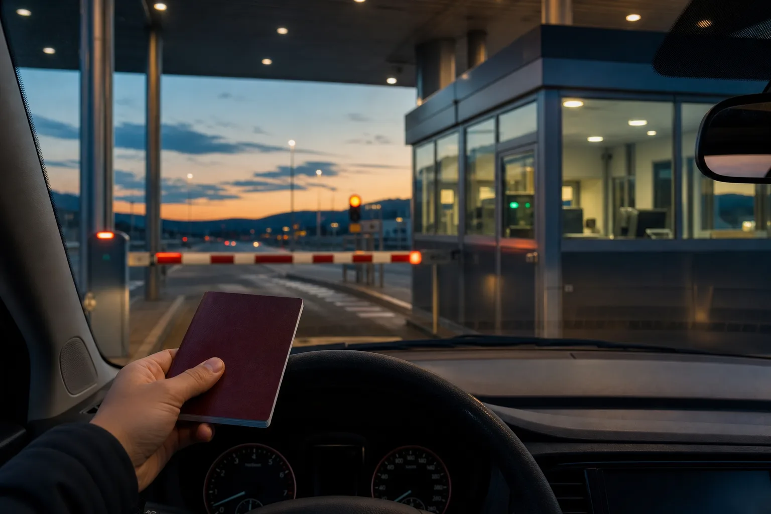 A driver holding a passport at a European border-control lane, the moment ETIAS will apply to road travellers from late 2026.