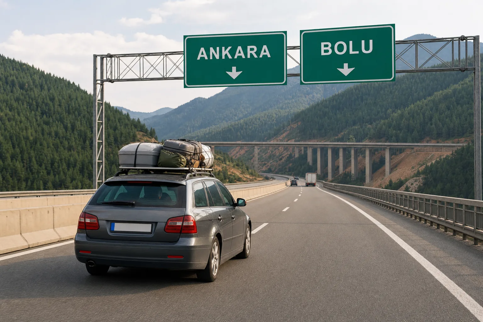A European-plated car with roof luggage passing Ankara and Bolu direction signs on a forested Turkish motorway viaduct.