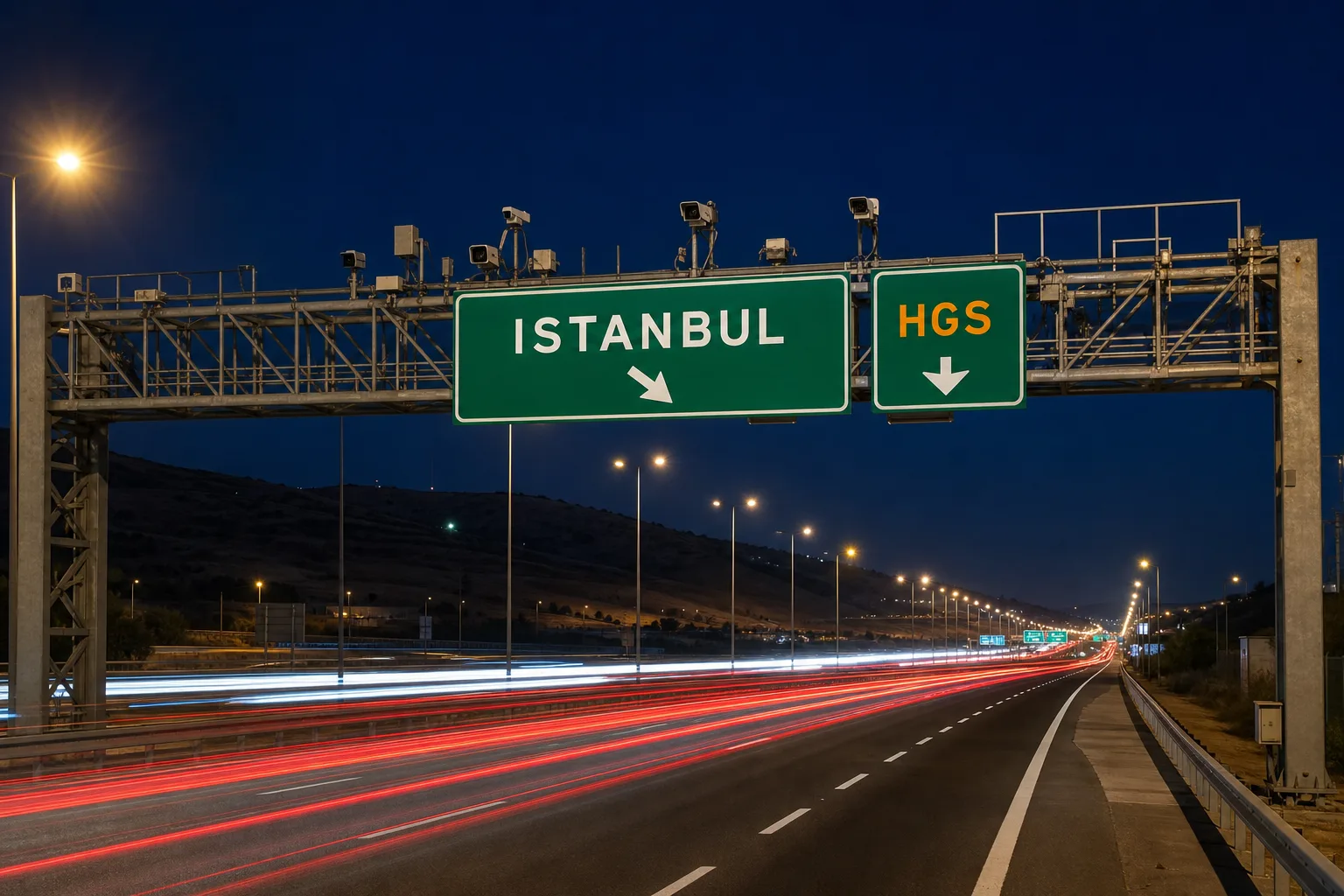 Light trails beneath a Turkish motorway toll gantry at night, with Istanbul and HGS sign panels above the lanes.