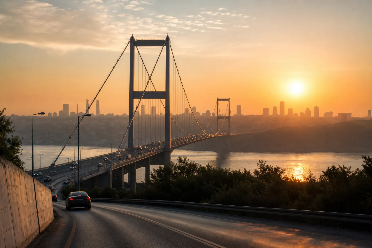 A suspension bridge over the Bosphorus at sunrise, seen from the approach road with the city hazy behind.