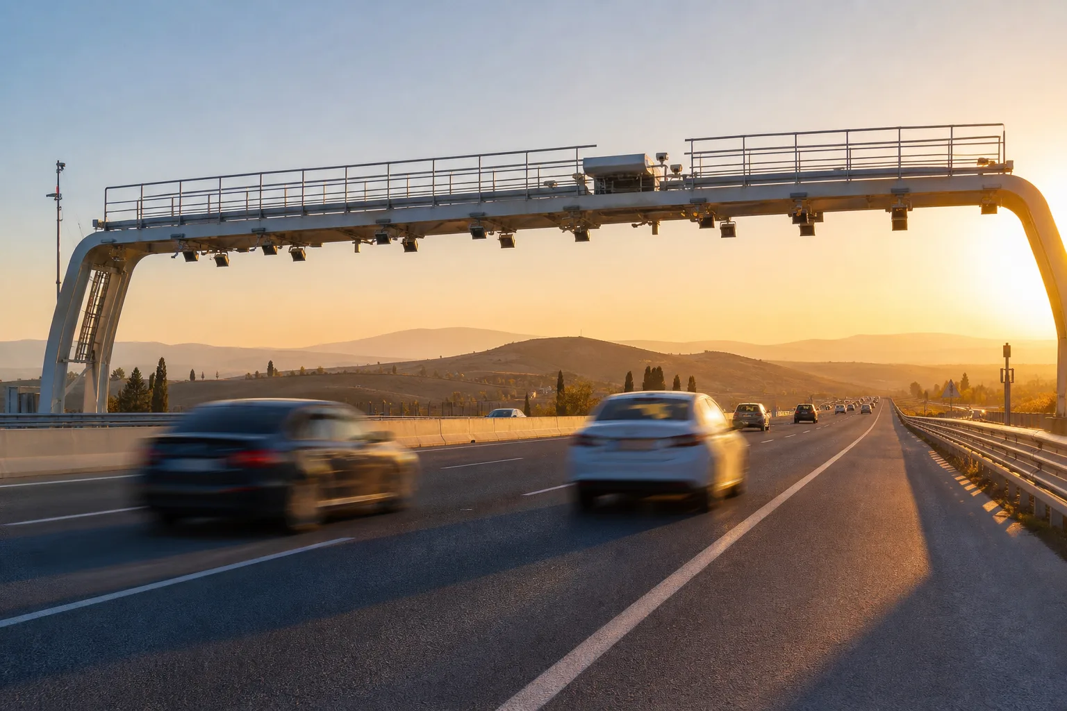 A toll gantry arching over a Turkish motorway at golden hour, with cars passing beneath at speed.