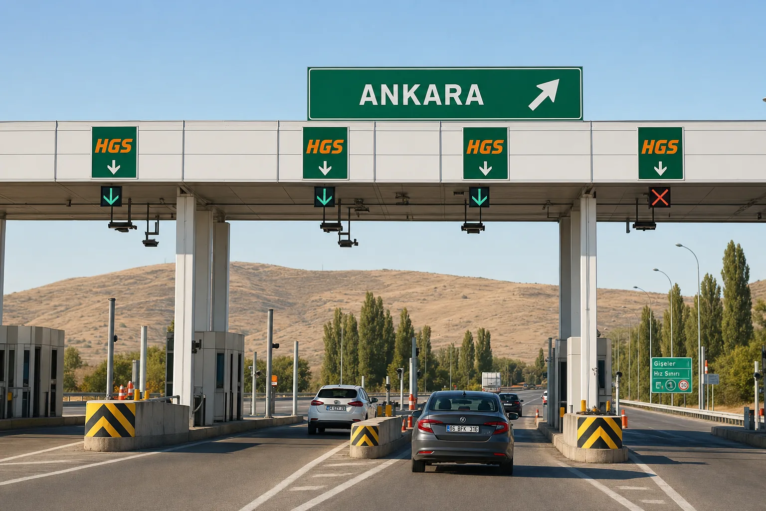 Cars passing through a Turkish toll plaza with HGS lane signs and an Ankara direction board overhead.