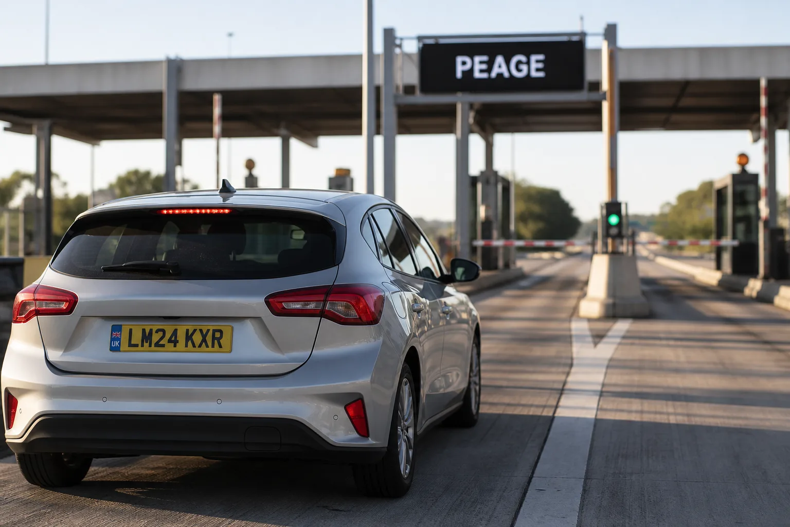 A UK-registered car waiting at a French autoroute toll plaza beneath a lane sign reading Peage, the first barrier most drivers meet when driving in France.