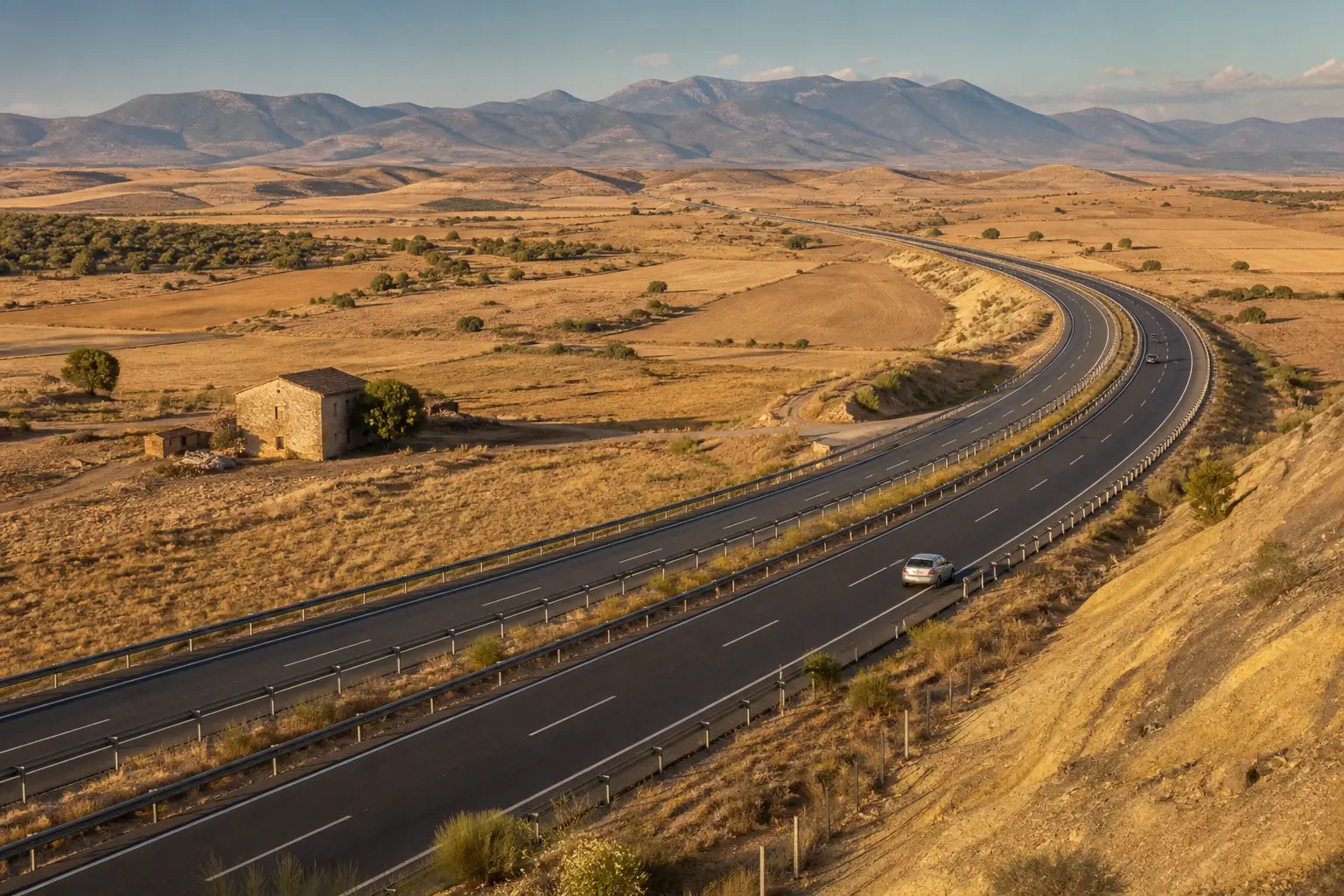 A quiet dual-carriageway motorway curving across the sun-bleached Spanish meseta towards a distant sierra, with a ruined stone farmhouse beside the road, the landscape most people cross when driving in Spain.