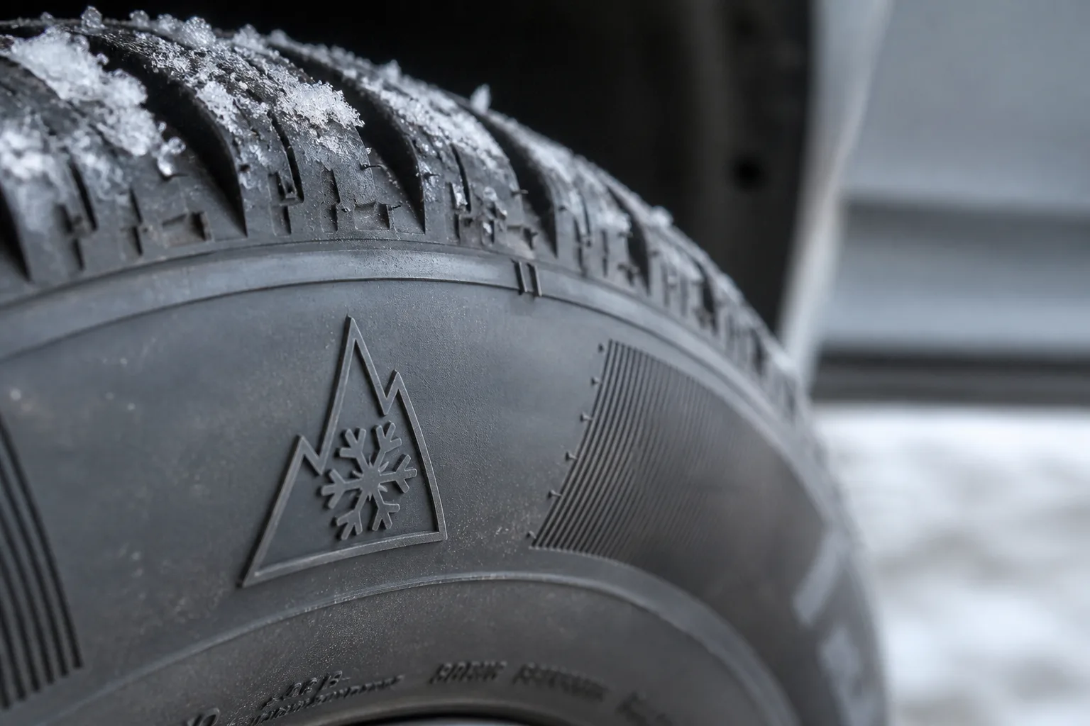 Macro of a tyre sidewall showing the embossed three peak mountain and snowflake emblem.