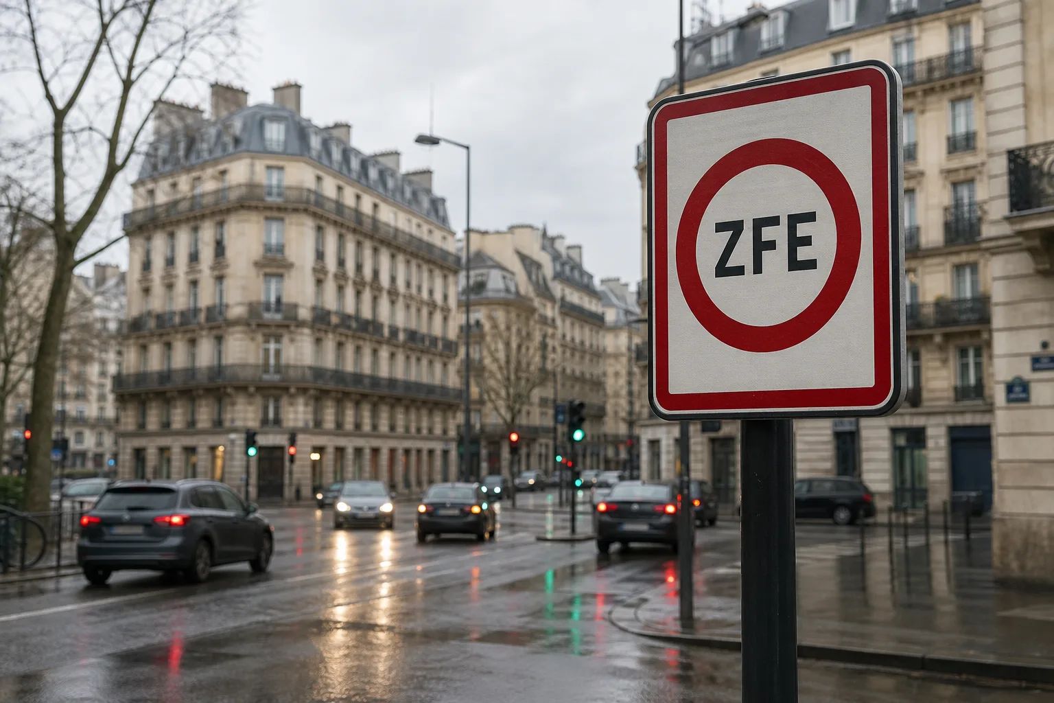 A ZFE low-emission zone sign on a wet Paris street, marking the boundary where a Crit'Air sticker becomes compulsory.